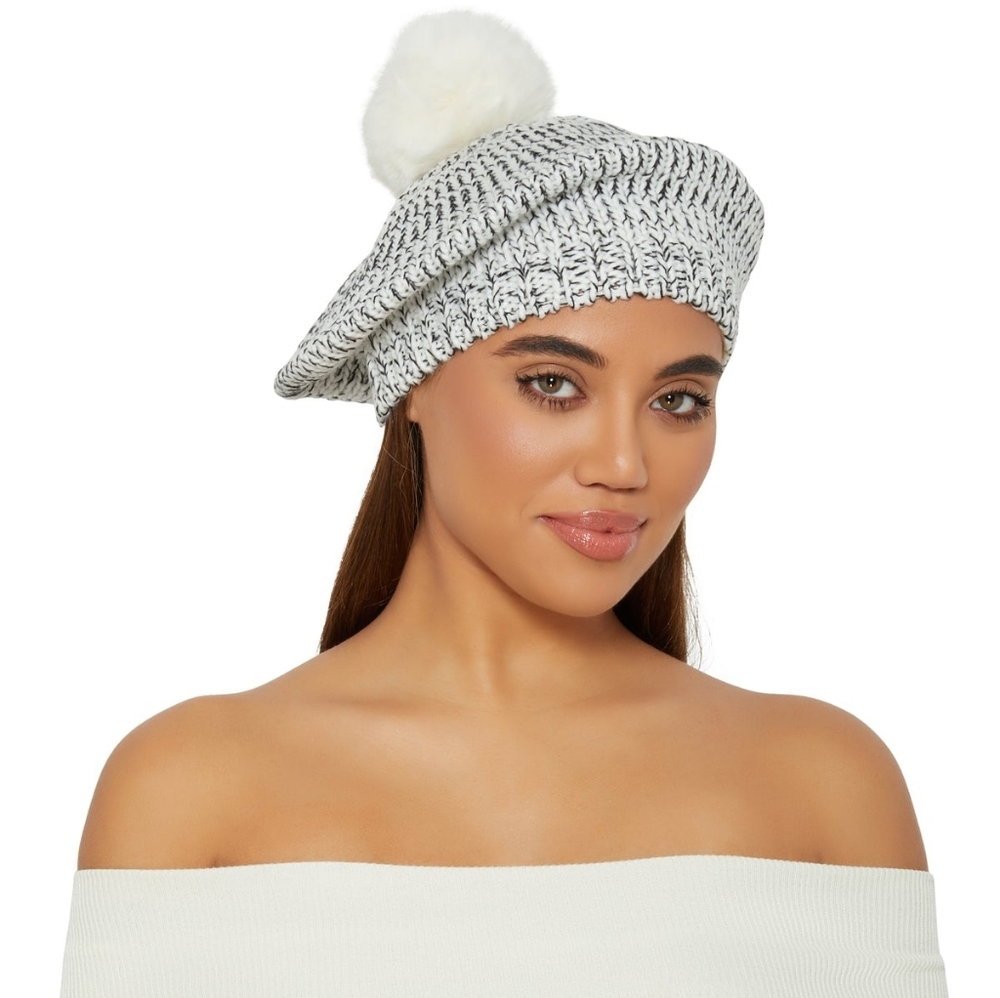 Knit Pom Pom Slouch Beret - Ivory